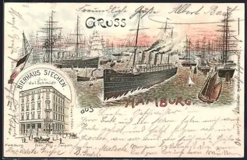 Lithographie Hamburg-St.Georg, Bierhaus Siechen und Dampf-und Segelschiffe im Hafen