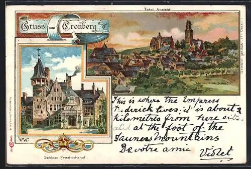 Lithographie Kronberg, Schloss Friedrichshof, Totalansicht
