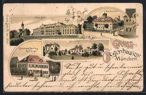 Lithographie Bogenhausen-München, Colonialwaren-Handlung Karl Nissl, Max Stift, Bad Brunnthal