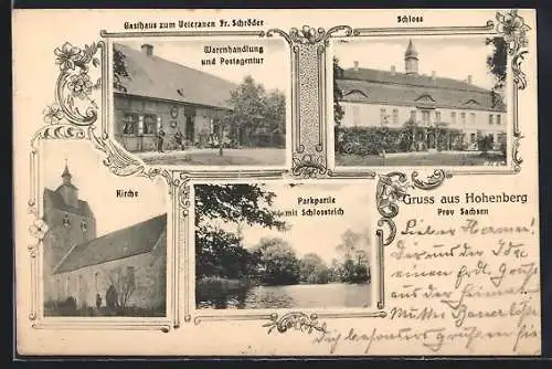 AK Hohenberg / Krusemark, Gasthaus Zum Veteranen, Warenhandlung und Postagentur, Schloss, Kirche