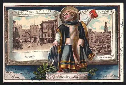 Passepartout-Lithographie Münchner Kindl mit Bibel, Maximilianeum und Denkmal Maximilian I.