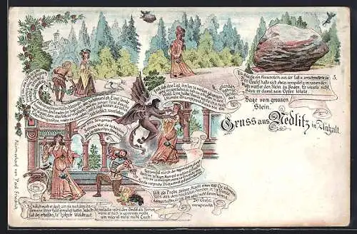 Lithographie Nedlitz /Anhalt, Sage vom grossen Stein mit Illustrationen