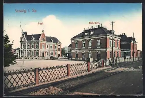 AK Coswig i. Sa., Bahnhof und Post
