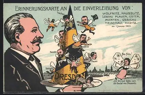 AK Dresden-Wölfnitz, Erinnerung an die Einverleibung von Wölfnitz, Mickten, Trachau am 1.1.1903