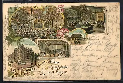 Lithographie Leipzig-Anger, Gasthaus Grüne Schenke, Gastzimmer mit Billardtisch