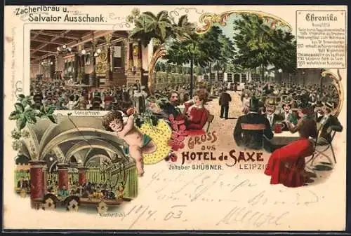 Lithographie Leipzig, Hotel de Sax, Inh. G. Hübner, Concertsaal und Klosterstubl