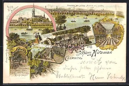 Lithographie Chemnitz, Gasthaus Schloss Miramar, Mosella-Saal, Unterer Garten, Panoramablick, Segelboot