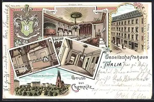 Lithographie Chemnitz, Körnerplatz, Markuskirche, Gesellschaftshaus Thalia, Innenansicht