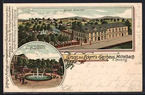 Lithographie Mittelbach b. Chemnitz, Eckert`s Gasthaus, Unterer Garten mit Musikhalle