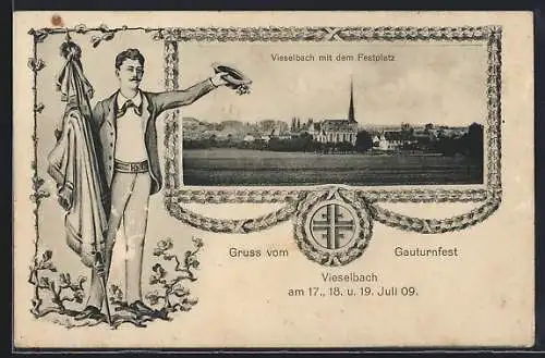 AK Vieselbach, Gauturnfest 1909, Turner mit Fahne, Ortspanorama