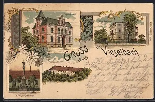 Lithographie Vieselbach, Sparkasse, Villa Deinhardt, Krieger-Denkmal