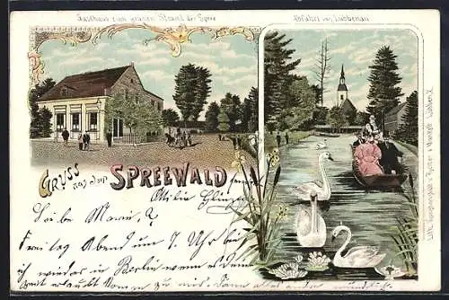 Lithographie Lübbenau /Spreewald, Gasthaus zum Grünen Strand und Spreewaldkahn