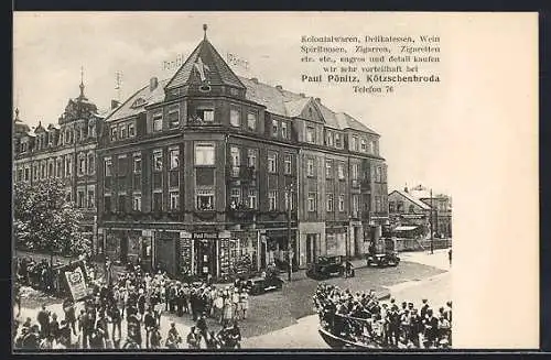 AK Kötzschenbroda, Geschäft von Paul Pönitz in der Bahnhofstra0e Ecke Gütershofstrasse