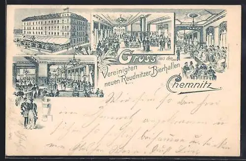 Lithographie Chemnitz, Restaurant Vereinigte Reudnitzer Bierhallen mit Besuchern
