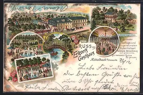 Lithographie Mittelbach b. Chemnitz, Eckert`s Gasthaus mit Gondel-Teich und unterem Garten