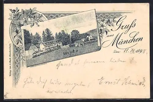 Lithographie München / Bad Berka, Bahnhof im Blumen-Passepartout