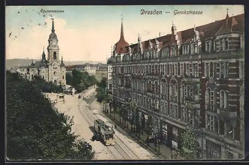AK Dresden, Strassenbahn in der Gerokstrasse, Trinitatiskirche