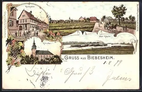 Lithographie Biebesheim, Rathaus, Kirche und Rheinpartie