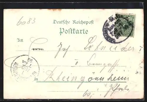 Lithographie Biebesheim, Rathaus, Kirche und Rheinpartie