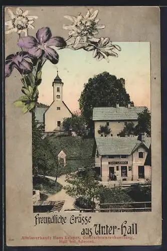 AK Admont, Unter-Hall, Gemischtwarenhandlung Hans Lehner, Kirche