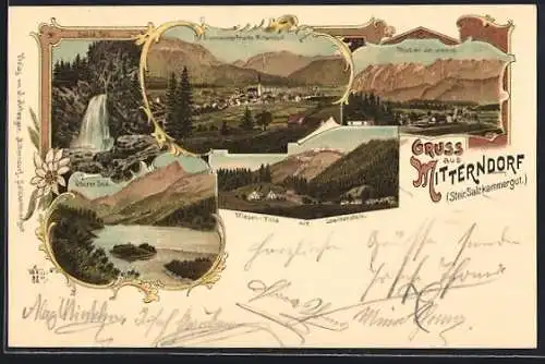 Lithographie Bad Mitterndorf /Steir. Salzkammergut, Salza-Fall. Steirer See, Thörl mit dem Grimming