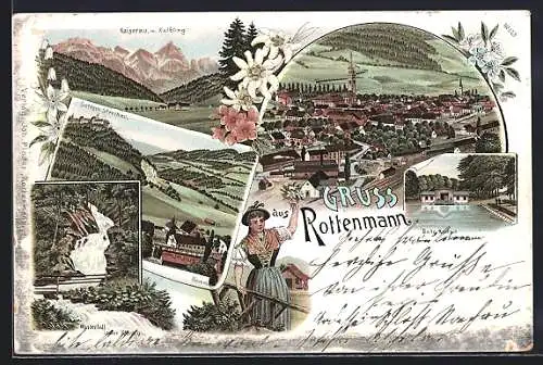 Lithographie Rottenmann, Badeanstalt, Wasserfall, Klamm, Schloss Strechau