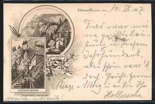 Lithographie Breitenau am Hochlantsch, Schüsserlbrunn, Ortsansicht mit Hochlantsch