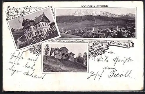 AK Schladming, Restaurant Einsburg v. Johann Mayerhofer, Schlössl u. Ruine z. schönen Aussicht