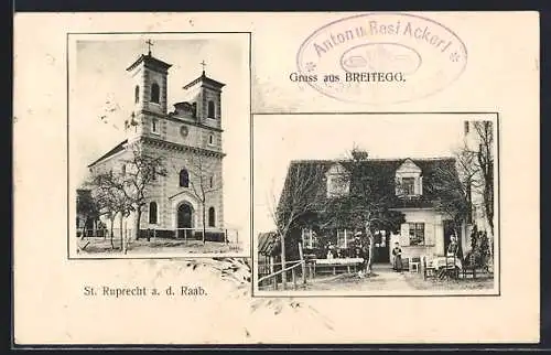 AK St. Ruprecht a. d. Raab, Café Breitegg v. Anton u. Resi Ackerl, Kirche