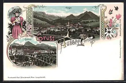 Lithographie Aussee /Steiermk., Kurplatz, Dame im Sommerkleid, Gesamtansicht
