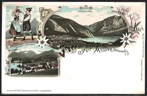 Lithographie Altaussee, Ortsansichten mit Dachstein und Blick auf den Aussee, Tanzpaar in Steirer Tracht