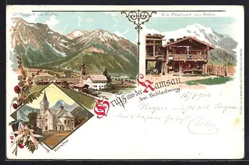 Lithographie St. Rupert am Kulm, Ortspartie mit Kirche, K. k. Postamt am Kulm, Evangelische Kirche