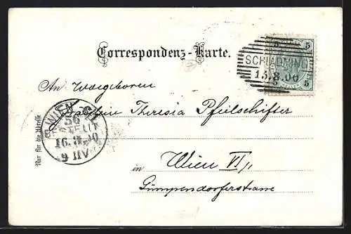 Lithographie St. Rupert am Kulm, Ortspartie mit Kirche, K. k. Postamt am Kulm, Evangelische Kirche