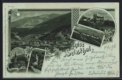 Lithographie Selzthal /Steiermark, Frauenburg, Schloss Strechau, Kirche, Klamm, Ortsansicht