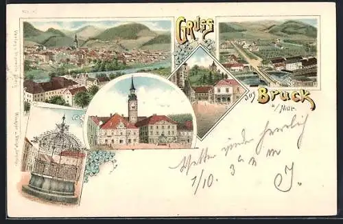 Lithographie Bruck an der Mur, Eiserner Brunnen, Ortspartien, Gesamtansicht