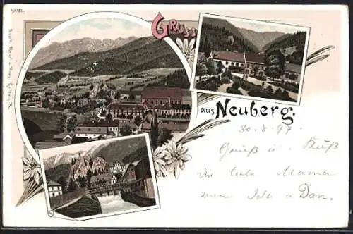 Lithographie Neuberg, Ortspartie mit Brücke, Panoramablick auf Ort und Berge