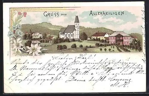 Lithographie Allerheiligen im Mürztal, Ortsansicht mit Kirche