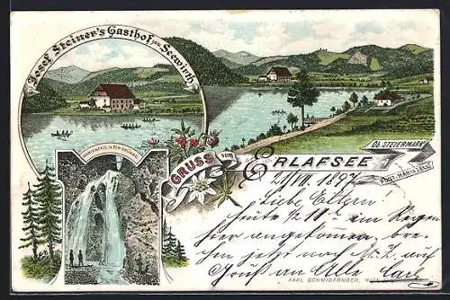 Lithographie Erlafsee, Josef Steiners Gasthof zum Seewirth, Marienfall in der Grünau
