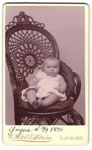 Fotografie C.H. & E. Elfström, Ljungby, Kleinkind auf kunstvollem Stuhl