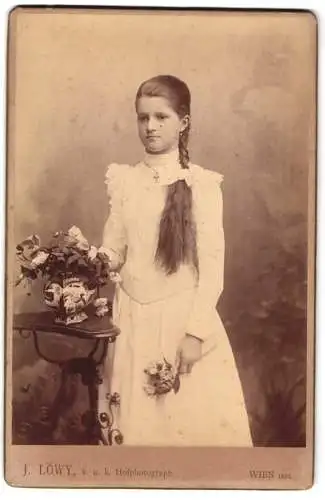 Fotografie J. Löwy, Wien, Weihburggasse 31, Mädchen mit langem Zopf und Blumenstrauss