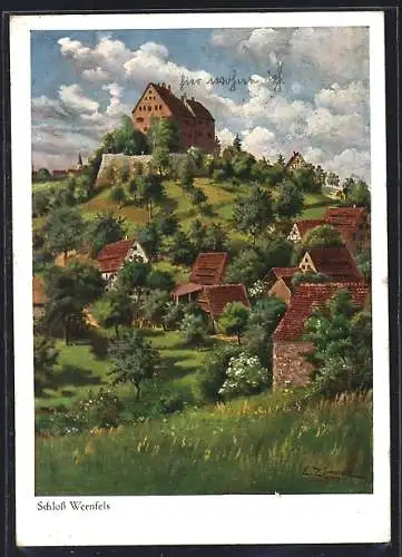 Künstler-AK Spalt, Jugenderholungsheim Burg Wernfels, Blick zur Burg hinauf