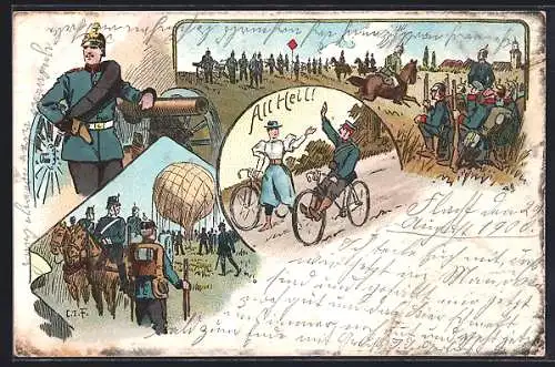 Lithographie Soldaten mit Ballon, Dame und Soldat auf Fahrrädern