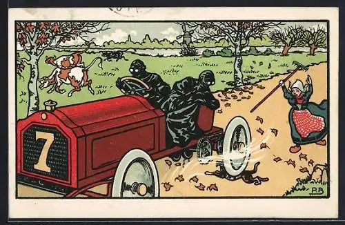 Künstler-AK Auto überfährt einen Hund