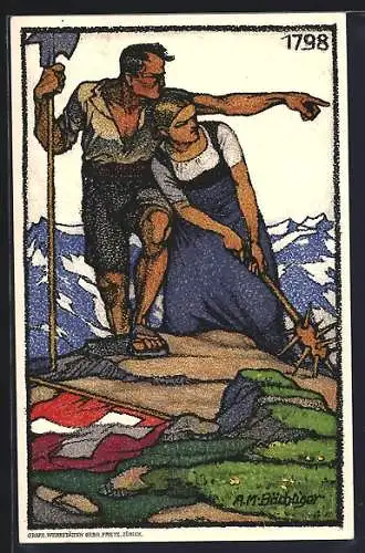 Künstler-AK Schweizer Bundesfeier 1913, Liebespaar auf einem Berg