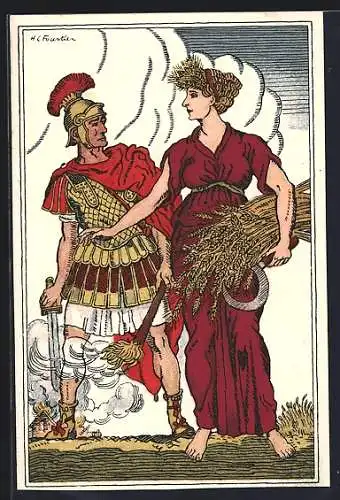 AK Schweizer Bundesfeier 1916, Römischer Soldat brandschatzt, Frau mit Getreide von H.C. Fourtier