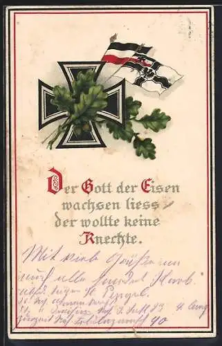 AK Eisernes Kreuz mit Flaggen und Eichenzweigen