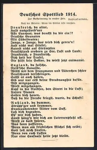 AK Frankreich, Deutschess Spottlied 1914, Frankreich, du alter, halb ausgestorb`ner