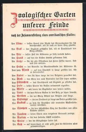 AK Zoologischer Garten unserer Feinde, Der Löwe, dessen Anteil jede Nacht des Bierverbandes...