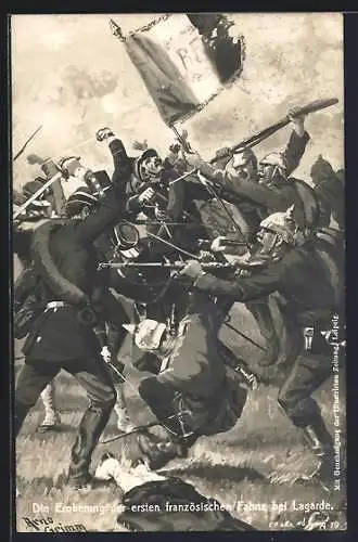 AK Die Eroberung der ersten französischen Fahne bei Lagarde, Soldaten in Uniform im heftigen Nahkampf