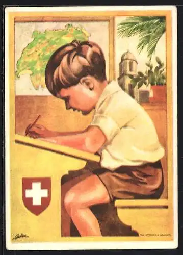 Künstler-AK Schweizer Bundesfeier 1930, Bub in der Schule